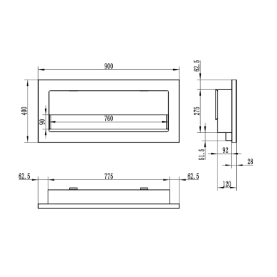 Biokominek 900x400 SLIM Czarny strukturalny z szybą 90x40x12cm
