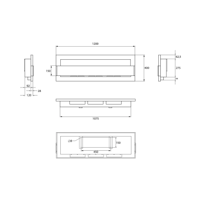 Biokominek wiszący z szybą 1200x400 czarny połysk