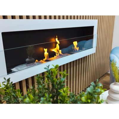 Biokominek wiszący 1200x400 biały połysk z szybą