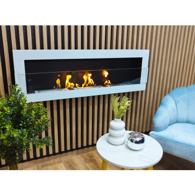 Biokominek wiszący 1200x400 biały połysk z szybą