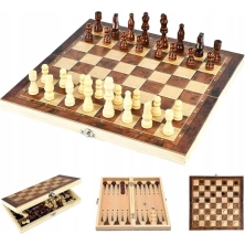 Szachy Drewniane Warcaby Backgammon 3W1 Zestaw Szachy Woody
