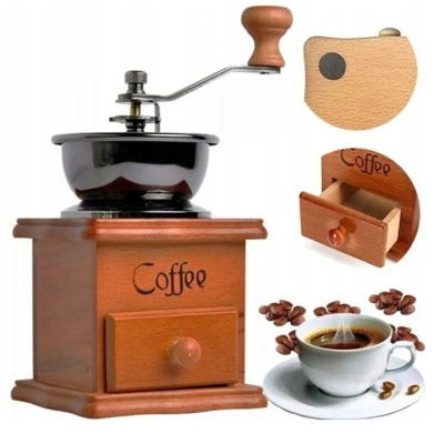 Ręczny młynek do kawy wykonany z wysokiej jakości drewna sosnowego