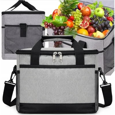 Torba termiczna na lunch z paskiem na ramię 20 l, 33 × 29 × 21 cm, szara