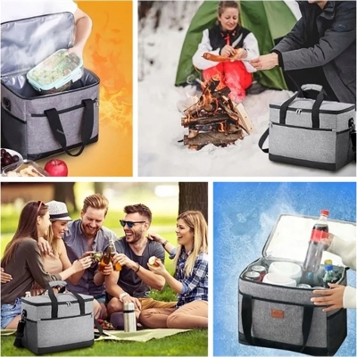 Torba termiczna na lunch z paskiem na ramię 20 l, 33 × 29 × 21 cm, szara