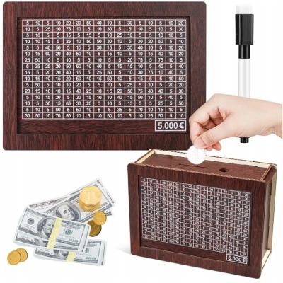 SKARBONKA Z LICZNIKIEM WYKREŚLANKA DREWNIANA 5000 euro