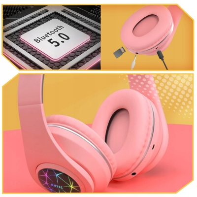 SŁUCHAWKI DLA DZIECI KOCIE USZY SKŁADANE BEZPRZEWODOWE BLUETOOTH 5.0 SD JACK LED RGB