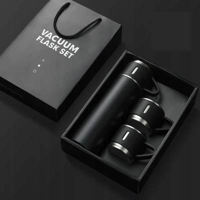 Zestaw termos z filiżankami elegancki i praktyczny 500ml czarny