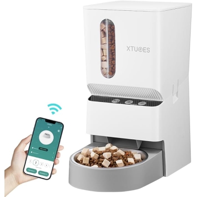 Automatyczny dozownik karmy dla kota lub psa, 5-litrowy, WiFi z dwoma podajnikami na karmę o wielkości 2-18 mm, 1-10 posiłków