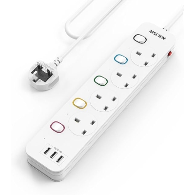 Przedłużacz sieciowy Mscien z gniazdami USB, 4-stykowe gniazdo przedłużające z 3 gniazdami USB i indywidualnymi przełącznikami, listwy zasilające z za