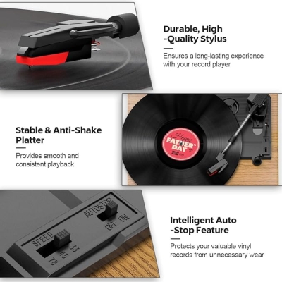 Gramofon winylowy z wbudowanym głośnikiem stereo, 3 prędkości 33/45/78 obr./min, wyjście RCA, wejście AUX, kolor drewna