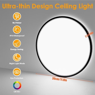 Lampa Łazienkowa 24W 3200LM 30cm Ściemnialna z Pilotem 6500K-3000K, IP54 Lampa Łazienkowa LED Ultra Cienka Lampa Sufitowa Okrągła Do Kuchni Toalety