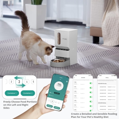 Automatyczny dozownik karmy dla kota lub psa, 5-litrowy, WiFi z dwoma podajnikami na karmę o wielkości 2-18 mm, 1-10 posiłków