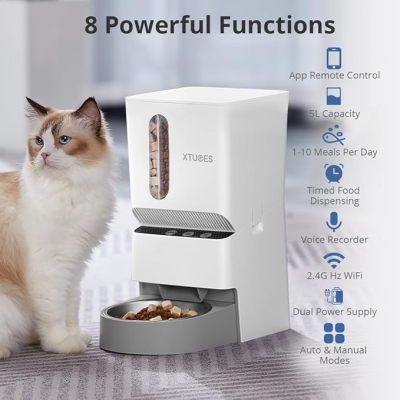 Automatyczny dozownik karmy dla kota lub psa, 5-litrowy, WiFi z dwoma podajnikami na karmę o wielkości 2-18 mm, 1-10 posiłków