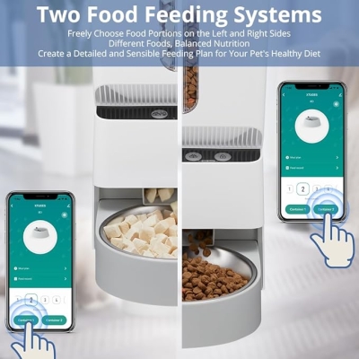 Automatyczny dozownik karmy dla kota lub psa, 5-litrowy, WiFi z dwoma podajnikami na karmę o wielkości 2-18 mm, 1-10 posiłków