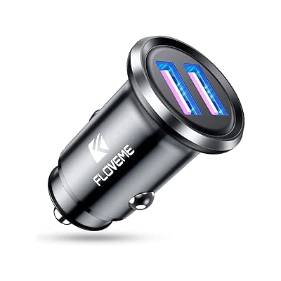 FLOVEME Ładowarka samochodowa USB podwójny port QC3.0, 36 W/6 A, mini metalowa do zapalniczki samochodowej ze światłem LED