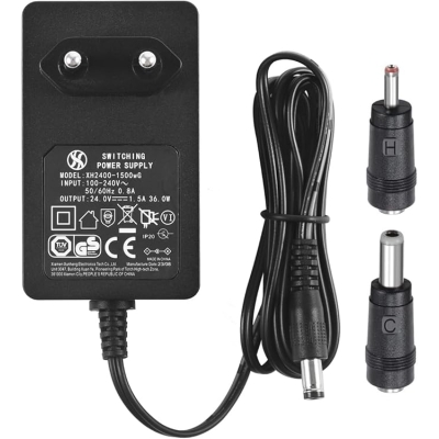 Zasilacz sieciowy AC do DC 24 V 1,5 A, wtyczka 5,5 mm x 2,1 mm z możliwością wyboru końcówek wtykowych 5,5 mm x 2,5 mm, 3,5 mm x 1,35 mm, wtyczka EU