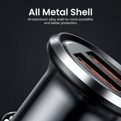 FLOVEME Ładowarka samochodowa USB podwójny port QC3.0, 36 W/6 A, mini metalowa do zapalniczki samochodowej ze światłem LED