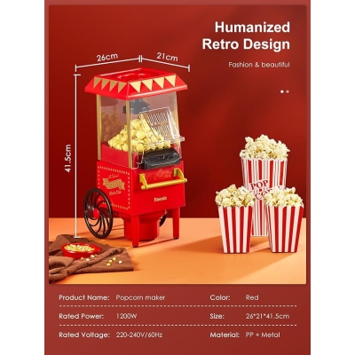 Reemix maszyna do robienia popcornu do domu, 2 minuty szybkiej, bez tłuszczu, bez oleju, moc 1200 W, na wieczory piłkarskie i święta Bożego Narodzenia