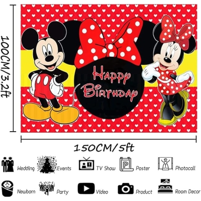 Tło Mickey Minnie, tło fotograficzne Mickey Minnie, Mickey zdjęcie tło dekoracja na przyjęcie urodzinowe kreskówka mysz tło motyw Minnie czerwone tło
