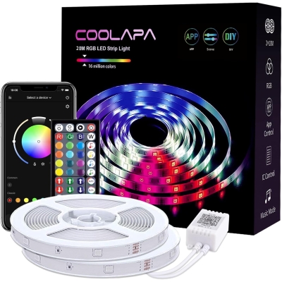 Zestaw 2x taśma LED oświetleniowych RGB 20 m  z pilotem do sypialni, kuchni, dekoracji, sterowane aplikacją, LED 5050