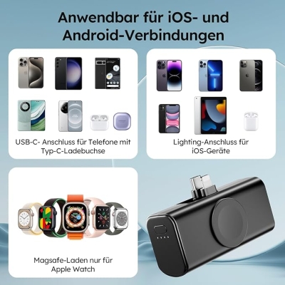 Eazpower Mini Powerbank 5000 mAh, zintegrowany składany USB-C i wtyczka Lightning, kompatybilny ze wszystkimi urządzeniami z serii iPhone, Samsung S22