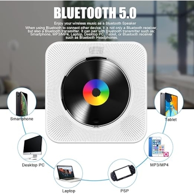 Odtwarzacz CD z Bluetooth Gueray przenośny odtwarzacz CD, montowany na ścianie, wbudowany głośnik Hi-Fi z wyświetlaczem LCD, Home Audio Boombox, radio