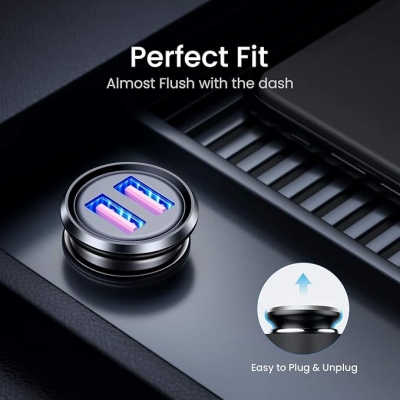 FLOVEME Ładowarka samochodowa USB podwójny port QC3.0, 36 W/6 A, mini metalowa do zapalniczki samochodowej ze światłem LED