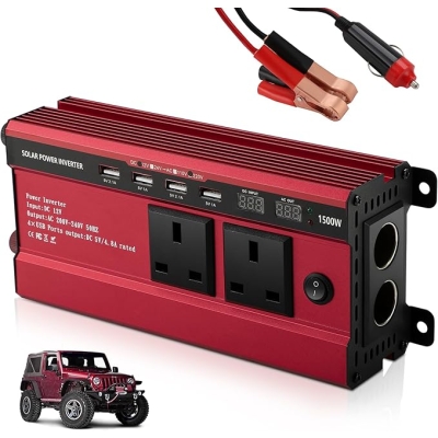 Przetwornica napięcia 1500 W, konwerter samochodowy 12 V do 240 V AC, przetwornica napięcia z 3,1 A, 4 gniazda USB, 2 gniazda AC