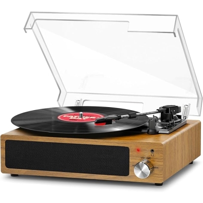 Gramofon winylowy z wbudowanym głośnikiem stereo, 3 prędkości 33/45/78 obr./min, wyjście RCA, wejście AUX, kolor drewna