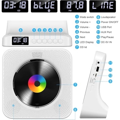 Odtwarzacz CD z Bluetooth Gueray przenośny odtwarzacz CD, montowany na ścianie, wbudowany głośnik Hi-Fi z wyświetlaczem LCD, Home Audio Boombox, radio