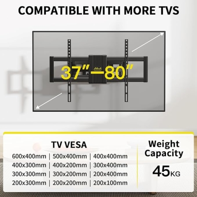 Alphamount Uchwyt ścienny do telewizora do większości telewizorów 4K LED i OLED o przekątnej do 45 kg, uchwyt na telewizor z dwoma ramionami przegubow