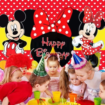 Tło Mickey Minnie, tło fotograficzne Mickey Minnie, Mickey zdjęcie tło dekoracja na przyjęcie urodzinowe kreskówka mysz tło motyw Minnie czerwone tło