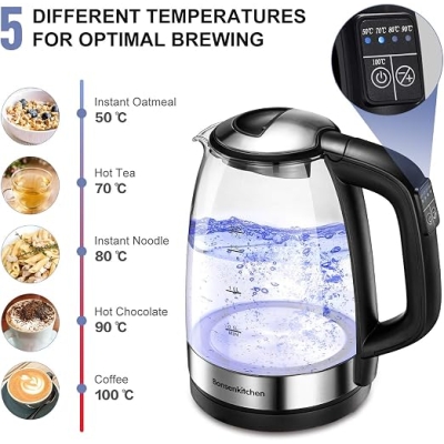 Bonsenkitchen Czajnik elektryczny o pojemności 1,7 l, 2200 W, elektryczny czajnik szklany z 4 ustawieniami temperatury (50,70, 80,90℃), ochrona