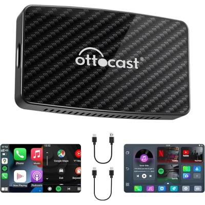 OTTOCAST Play2video Pro, Bezprzewodowy Adapter CarPlay i Android Auto, Carplay AI Box z Wbudowanym YouTube i Netflix z pilotem