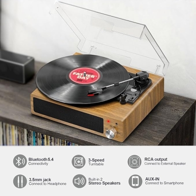 Gramofon winylowy z wbudowanym głośnikiem stereo, 3 prędkości 33/45/78 obr./min, wyjście RCA, wejście AUX, kolor drewna