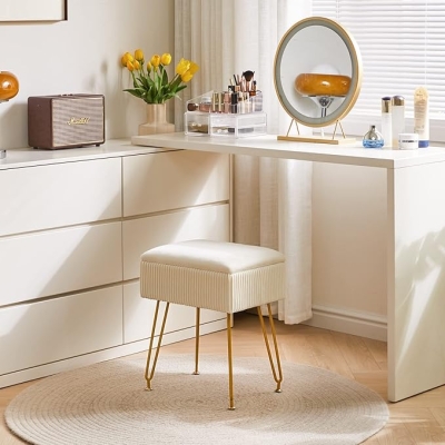 Taboret do makijażu, kwadratowy taboret z aksamitu, nowoczesny, wielofunkcyjny taboret do makijażu do sypialni, salonu, biura, złote nogi, 40 x 29,5 x