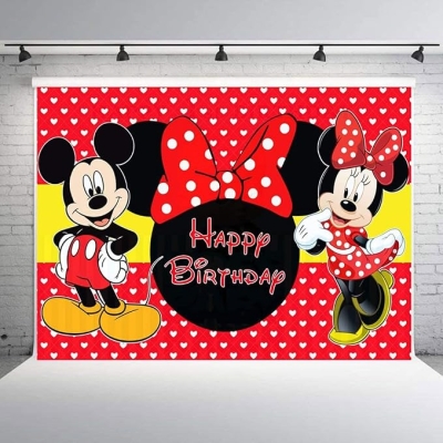 Tło Mickey Minnie, tło fotograficzne Mickey Minnie, Mickey zdjęcie tło dekoracja na przyjęcie urodzinowe kreskówka mysz tło motyw Minnie czerwone tło