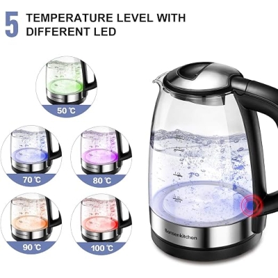 Bonsenkitchen Czajnik elektryczny o pojemności 1,7 l, 2200 W, elektryczny czajnik szklany z 4 ustawieniami temperatury (50,70, 80,90℃), ochrona
