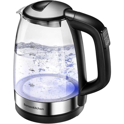 Bonsenkitchen Czajnik elektryczny o pojemności 1,7 l, 2200 W, elektryczny czajnik szklany z 4 ustawieniami temperatury (50,70, 80,90℃), ochrona