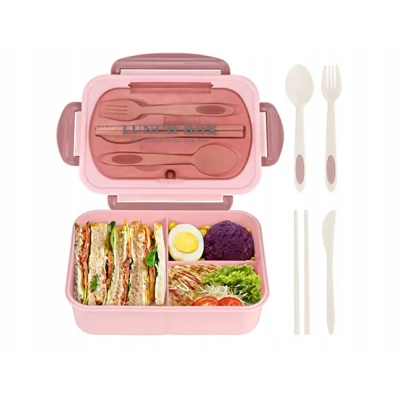 Lunchbox śniadaniówka pojemnik na śniadanie obiad z przegródkami sztućce róż