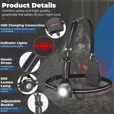 Szelki do biegania West Biking Night Running Lights, ładowana przez USB lampa na klatkę piersiową z regulowanym kątem wiązki światła 90°, wodoodporna,
