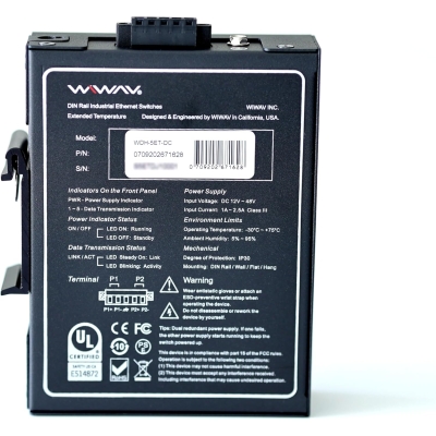 WDH-5ET-DC 10/100 Mb/s Niezarządzane 5-portowe przemysłowe przełączniki Ethernet z szyną DIN/montażem na ścianie (zgodne z normą UL, bez wentylatora,