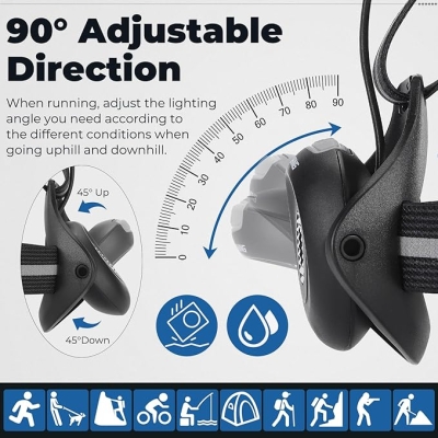 Szelki do biegania West Biking Night Running Lights, ładowana przez USB lampa na klatkę piersiową z regulowanym kątem wiązki światła 90°, wodoodporna,