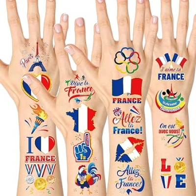 80 sztuk Letnich Igrzysk we Francji, Tymczasowe tatuaże dla kibiców Francji, Zestaw tatuaży z flagą Francji. Kocham Francję, Tatuaż dla Francji, Makij