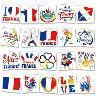 80 sztuk Letnich Igrzysk we Francji, Tymczasowe tatuaże dla kibiców Francji, Zestaw tatuaży z flagą Francji. Kocham Francję, Tatuaż dla Francji, Makij