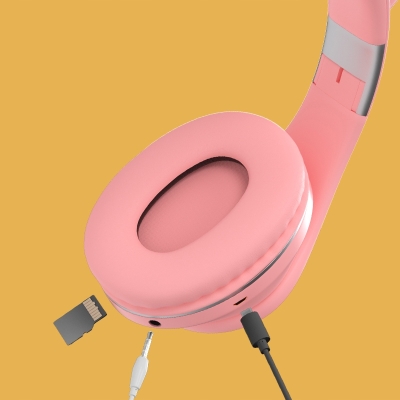 SŁUCHAWKI DLA DZIECI KOCIE USZY SKŁADANE BEZPRZEWODOWE BLUETOOTH 5.0 SD JACK LED RGB