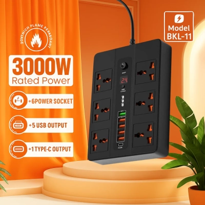 Listwa zasilająca Ultra High Speed ​​3000 W z wyłącznikiem czasowym, 6 uniwersalnych gniazd AC + 5 portów USB + 1 typu C