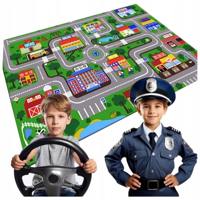 KingSzop Dywan Mata 90x60 3+ z Ulicami Miasto + Samochód z Wyrzutnią Zestaw dla Dzieci