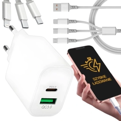 Szybka Ładowaka do telefonu 20W 3000mA USB I USB-C + KABEL 3w1 DO IPHONE