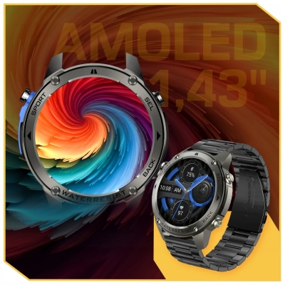 Smartwatch męski wodoodporny z funkcją rozmów GPS Menu PL Sport AMOLED